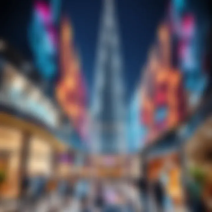 Vibrant atmosphere of The Dubai Mall with shoppers and iconic Burj Khalifa in the background.