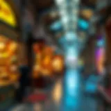 A picturesque view of the vibrant marketplace at Souk Al Mina, showcasing colorful stalls and intricate designs.