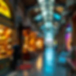 A picturesque view of the vibrant marketplace at Souk Al Mina, showcasing colorful stalls and intricate designs.