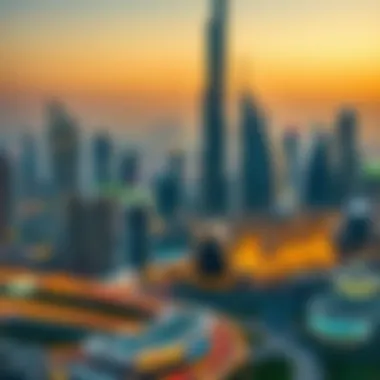 Dubai Skyline and Real Estate Market A skyline view of Dubai with iconic buildings representing the real estate market.