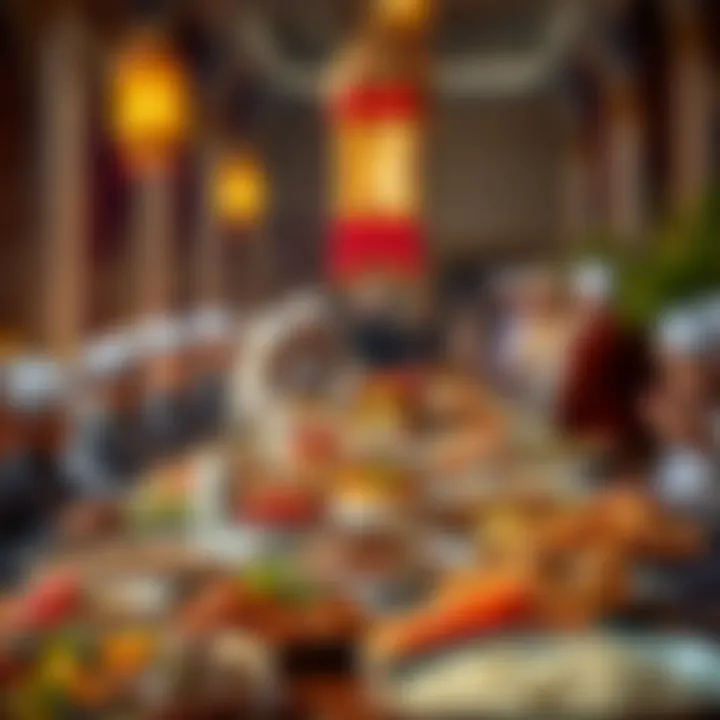 A grand communal feast showcasing various Emirati dishes during Eid