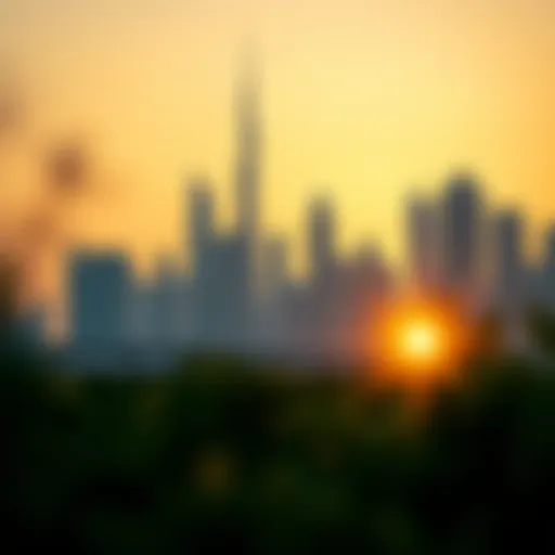 Golden rays illuminating the Dubai skyline during sunrise