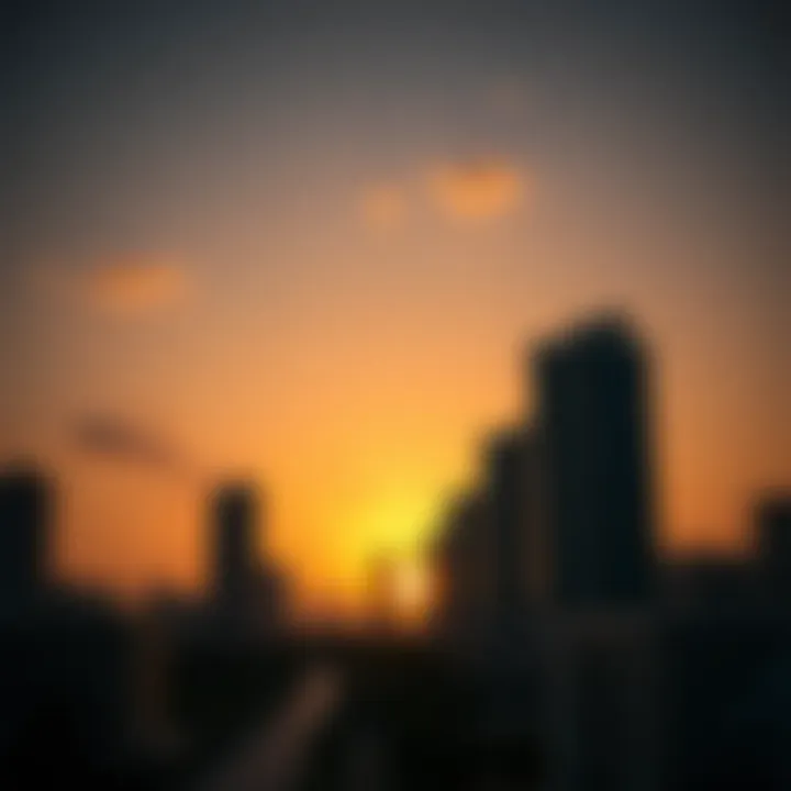 Dramatic sunset casting shadows on Dubai buildings