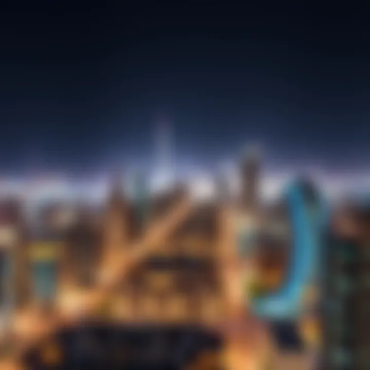 An aerial view of luxury skyline properties illuminated at night.