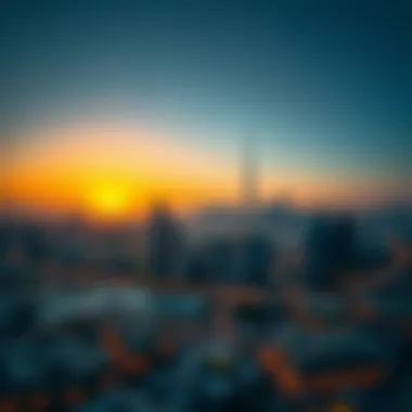 A panoramic view of the Dubai skyline during sunset, emphasizing its grandeur.
