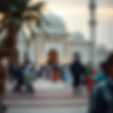 A vibrant community gathering outside a traditional masjid