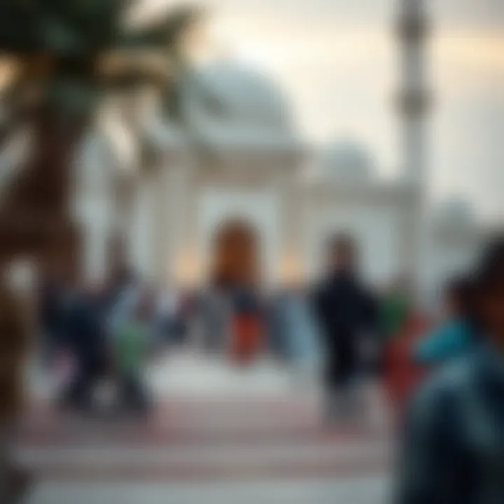 A vibrant community gathering outside a traditional masjid