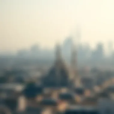 A panoramic view of Dubai's skyline featuring a mosque