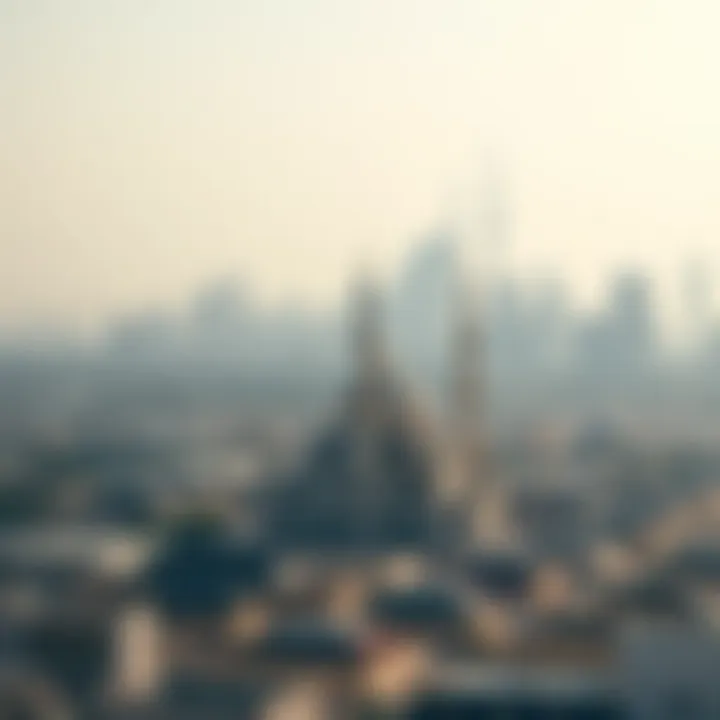 A panoramic view of Dubai's skyline featuring a mosque