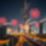 Dubai Skyline Illuminated by New Year's Fireworks Stunning fireworks illuminating the skyline of Dubai on New Year's Eve