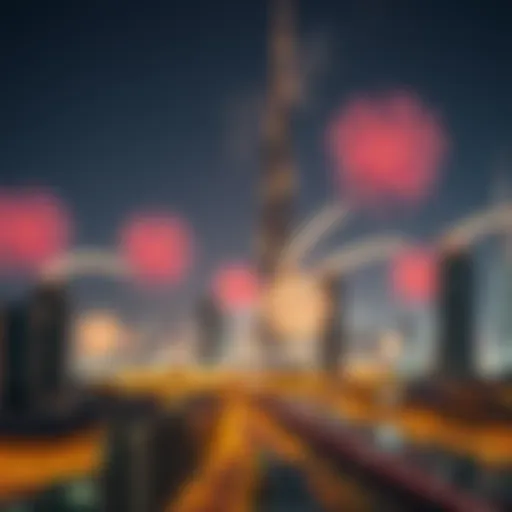 Dubai Skyline Illuminated by New Year's Fireworks Stunning fireworks illuminating the skyline of Dubai on New Year's Eve