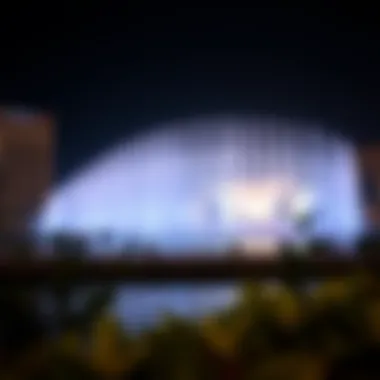 Evening spectacle of the fountains illuminated under the night sky