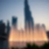 A stunning view of the Dubai Fountains with Burj Khalifa in the background