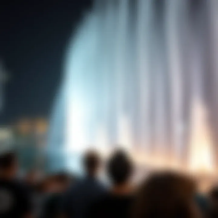 Visitors enjoying the Dubai Fountains show with illuminated surroundings