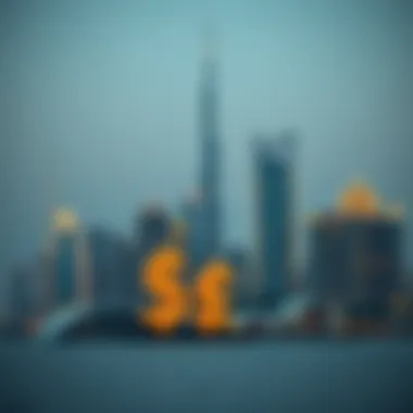 Dubai Skyline and Financial Symbols Dubai skyline with financial symbols