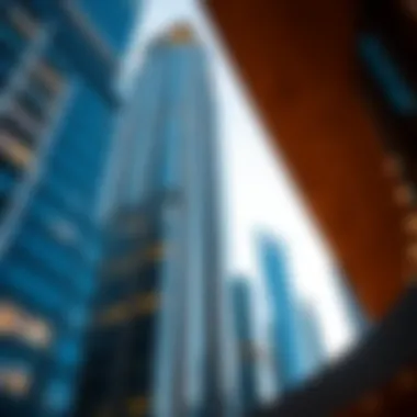 Architectural details of a modern financial tower in Dubai