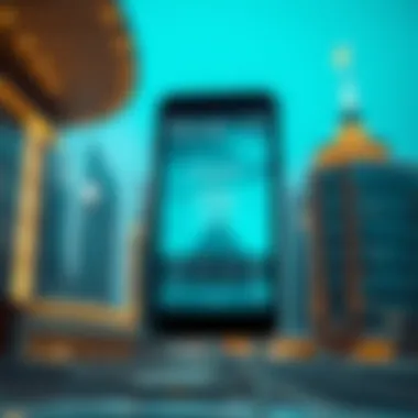 A mobile app displaying prayer times against a backdrop of Dubai's skyline