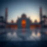An ornate mosque in Dubai at sunset reflecting the beauty of architecture