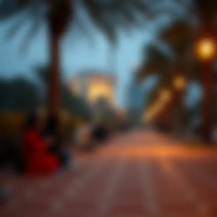 A tranquil park setting where individuals engage in personal reflection during prayer time