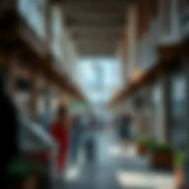 A bustling real estate market scene with potential buyers exploring properties