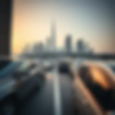 Urban Mobility in Dubai Overview of Dubai skyline with cars