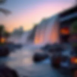 Spectacular view of Dubai Waterfall at dusk