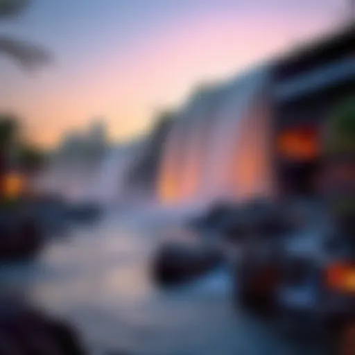 Spectacular view of Dubai Waterfall at dusk