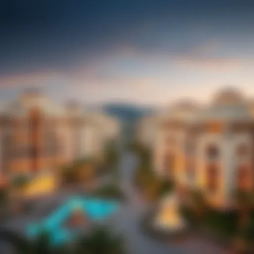 Aerial view of Danube properties in Dubai showcasing architectural design.